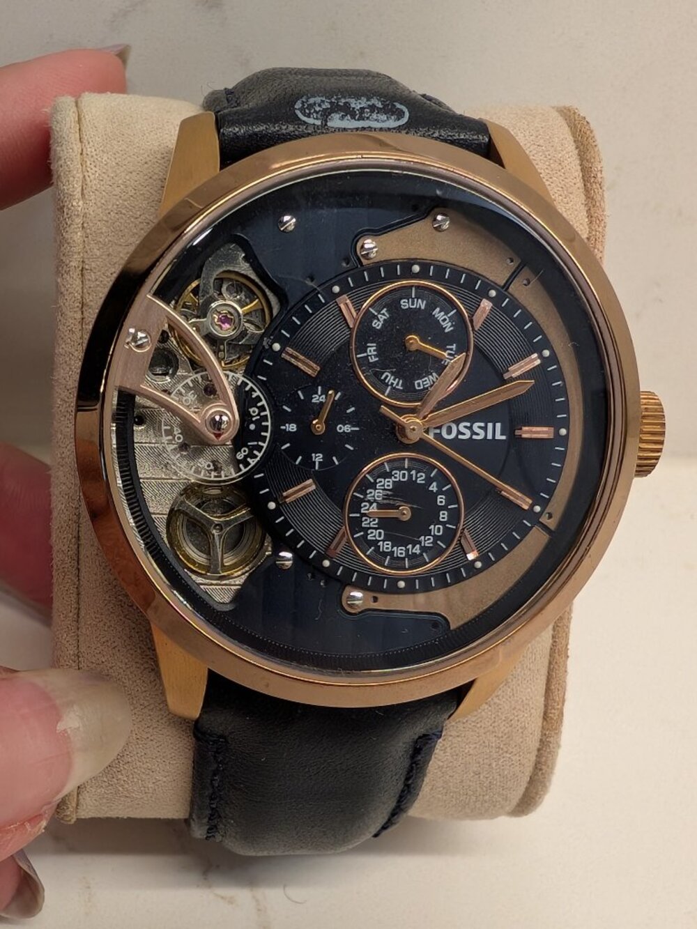 Fossil Townsman ME1138 Twist Skeleton Rose Gold Blue Leather Men’s Watch